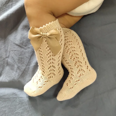 Beige Cotton Knit Bow Socks